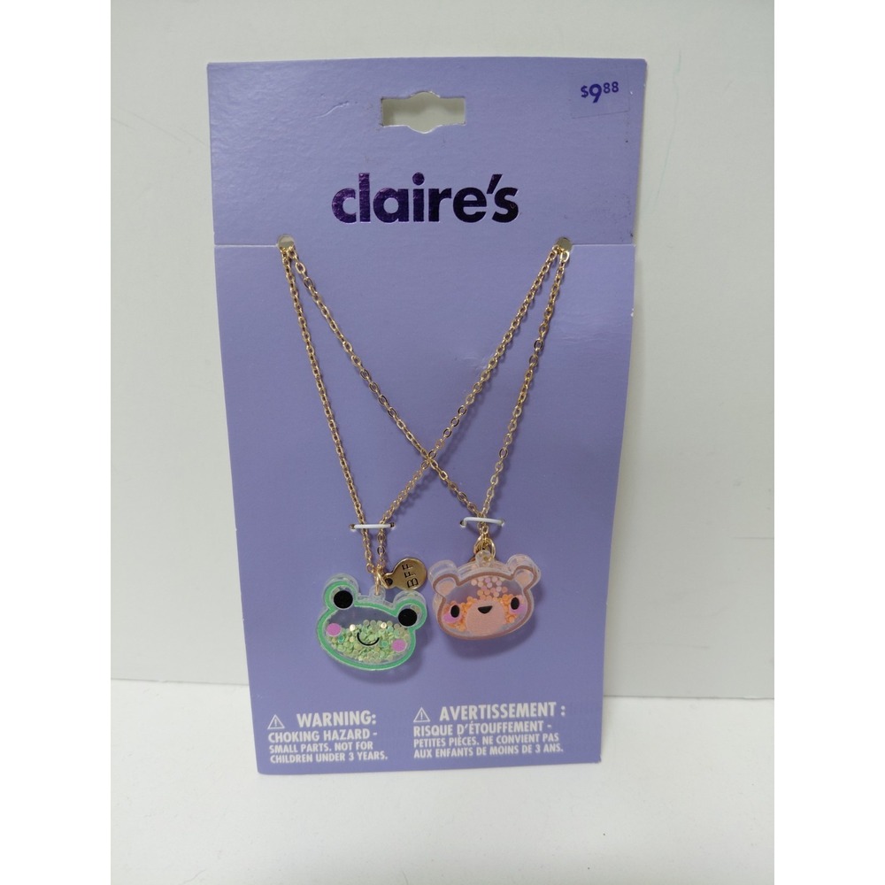 Claire's BFF Frog and Bear Glitter Filled‎ Charm Necklace Set NEW